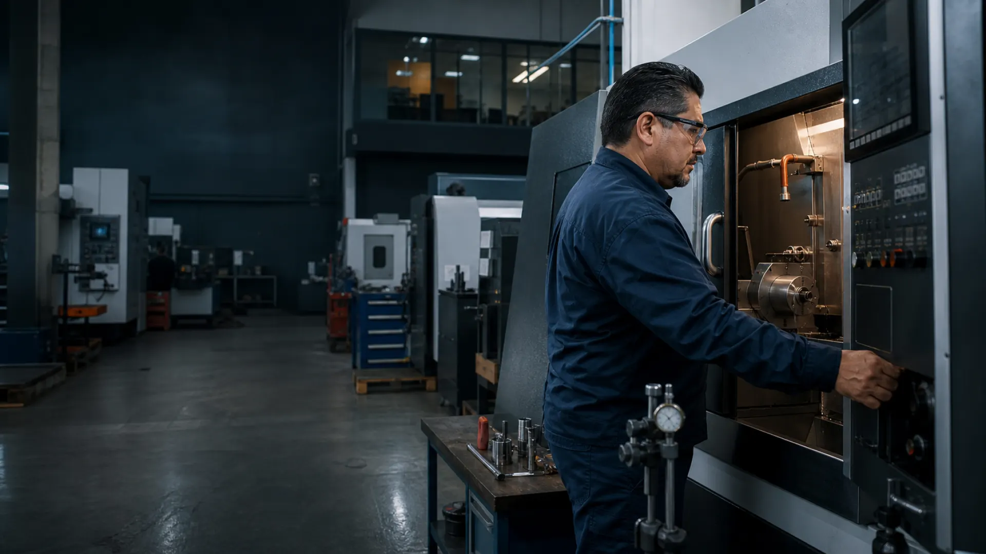 Especialista técnico inspeccionando una máquina CNC