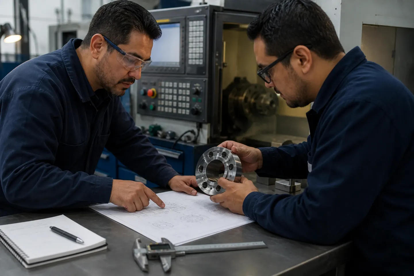 Especialistas revisando una pieza mecanizada y su plano técnico